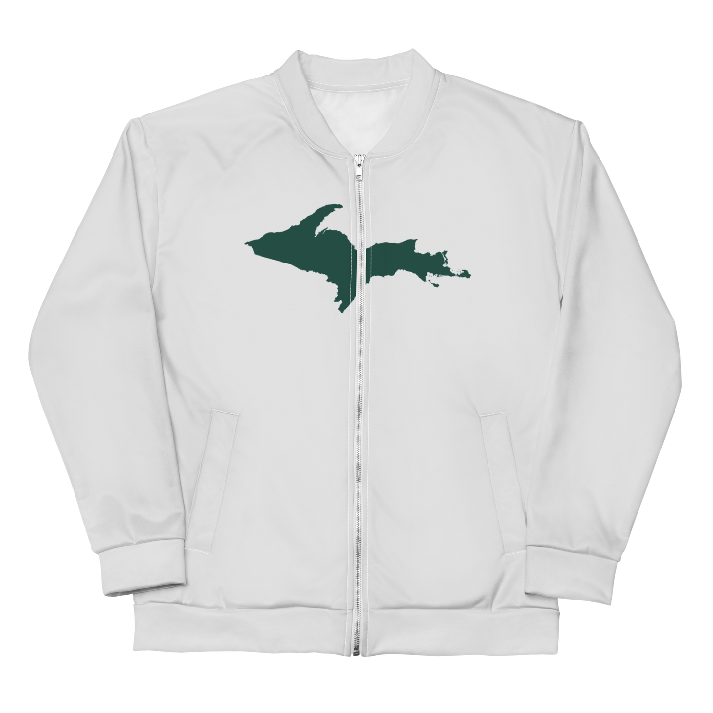 Michigan Upper Peninsula Bomber Jacket (w/ Large Green UP Outline) | Birch Bark White