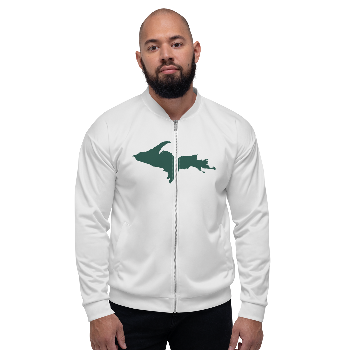 Michigan Upper Peninsula Bomber Jacket (w/ Large Green UP Outline) | Birch Bark White