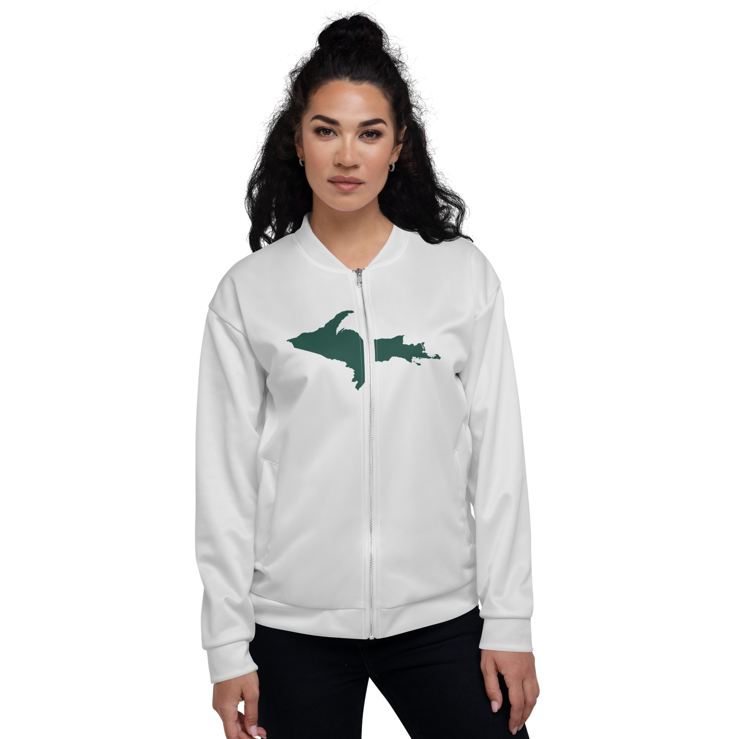 Michigan Upper Peninsula Bomber Jacket (w/ Large Green UP Outline) | Birch Bark White