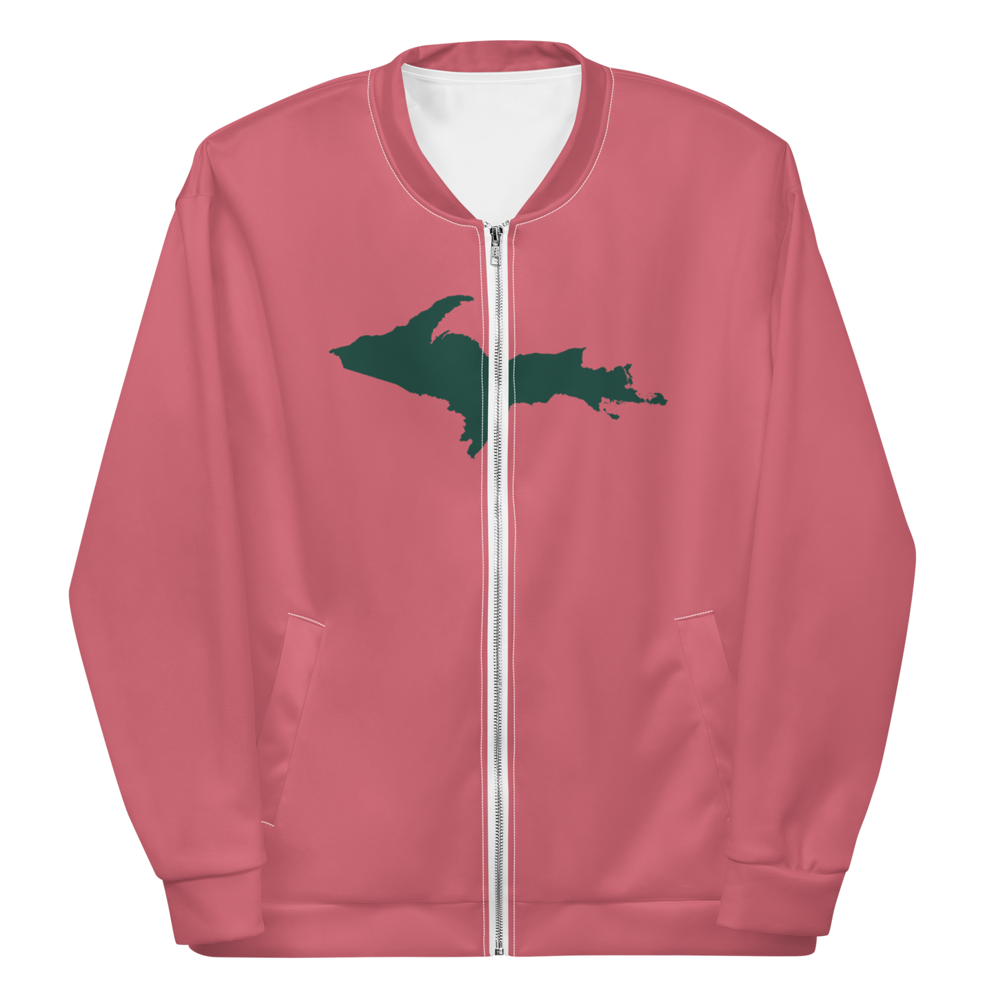 Michigan Upper Peninsula Bomber Jacket (w/ Large Green UP Outline) | Watermelon Pink