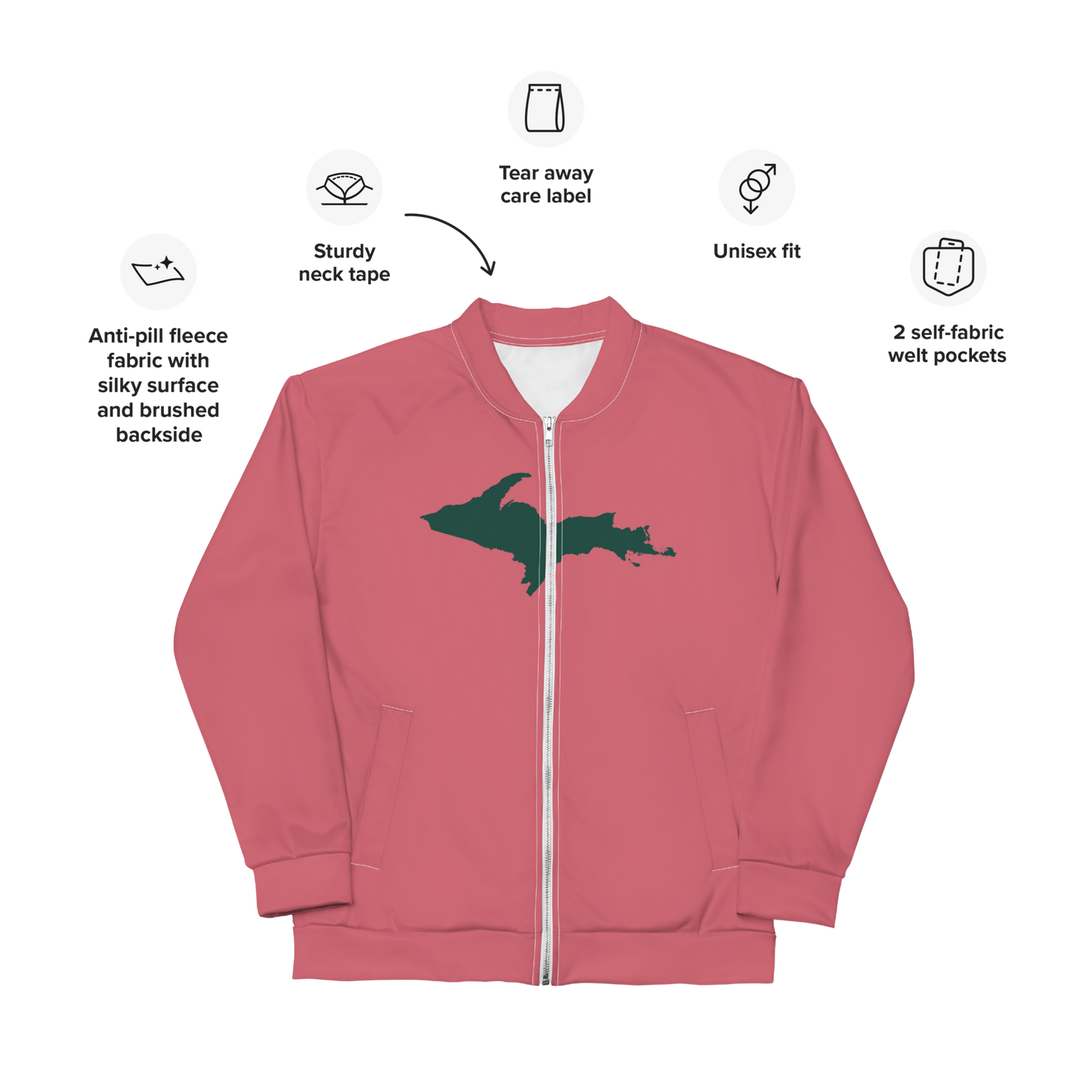 Michigan Upper Peninsula Bomber Jacket (w/ Large Green UP Outline) | Watermelon Pink