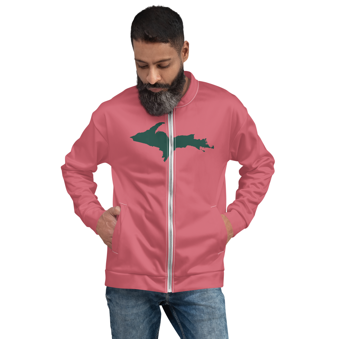 Michigan Upper Peninsula Bomber Jacket (w/ Large Green UP Outline) | Watermelon Pink