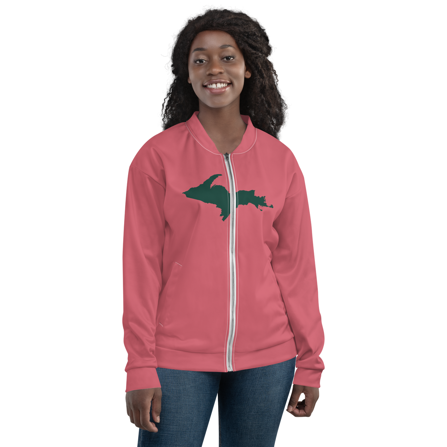 Michigan Upper Peninsula Bomber Jacket (w/ Large Green UP Outline) | Watermelon Pink