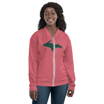 Michigan Upper Peninsula Bomber Jacket (w/ Large Green UP Outline) | Watermelon Pink