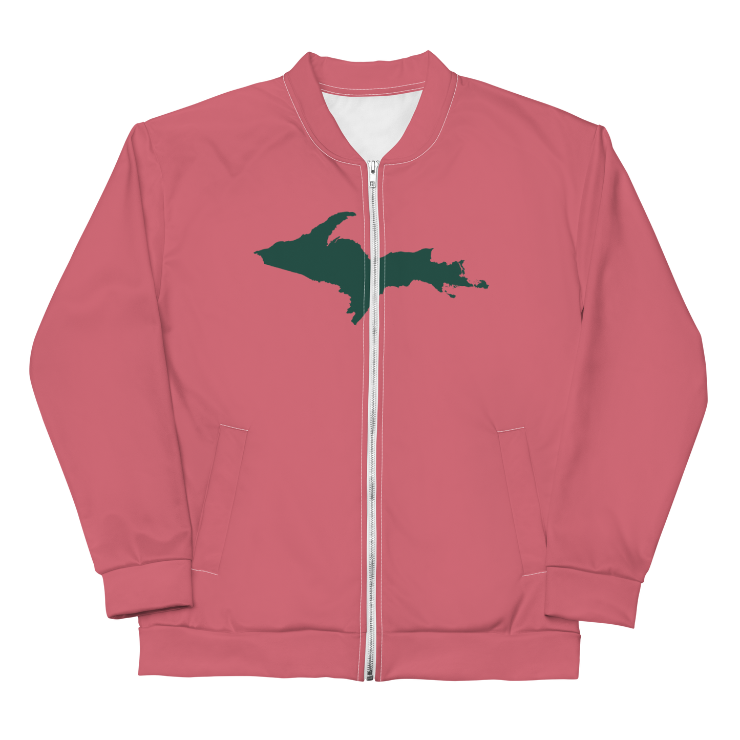 Michigan Upper Peninsula Bomber Jacket (w/ Large Green UP Outline) | Watermelon Pink