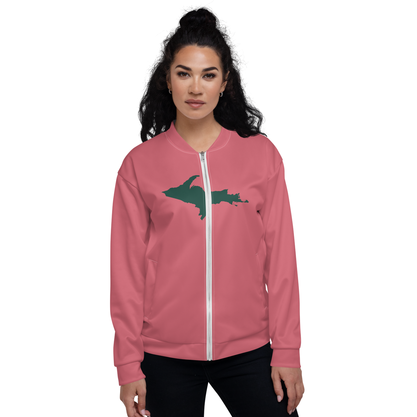 Michigan Upper Peninsula Bomber Jacket (w/ Large Green UP Outline) | Watermelon Pink