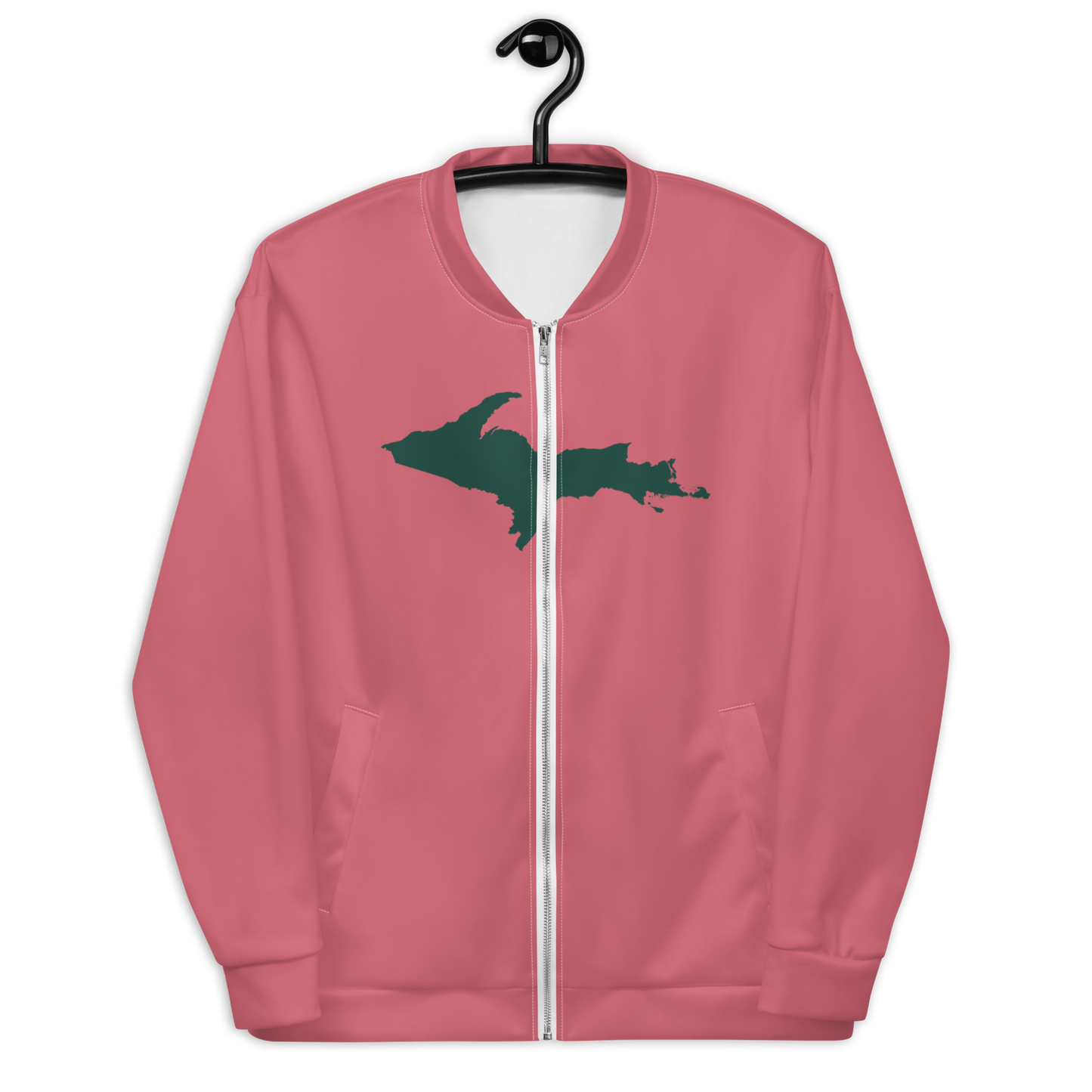 Michigan Upper Peninsula Bomber Jacket (w/ Large Green UP Outline) | Watermelon Pink