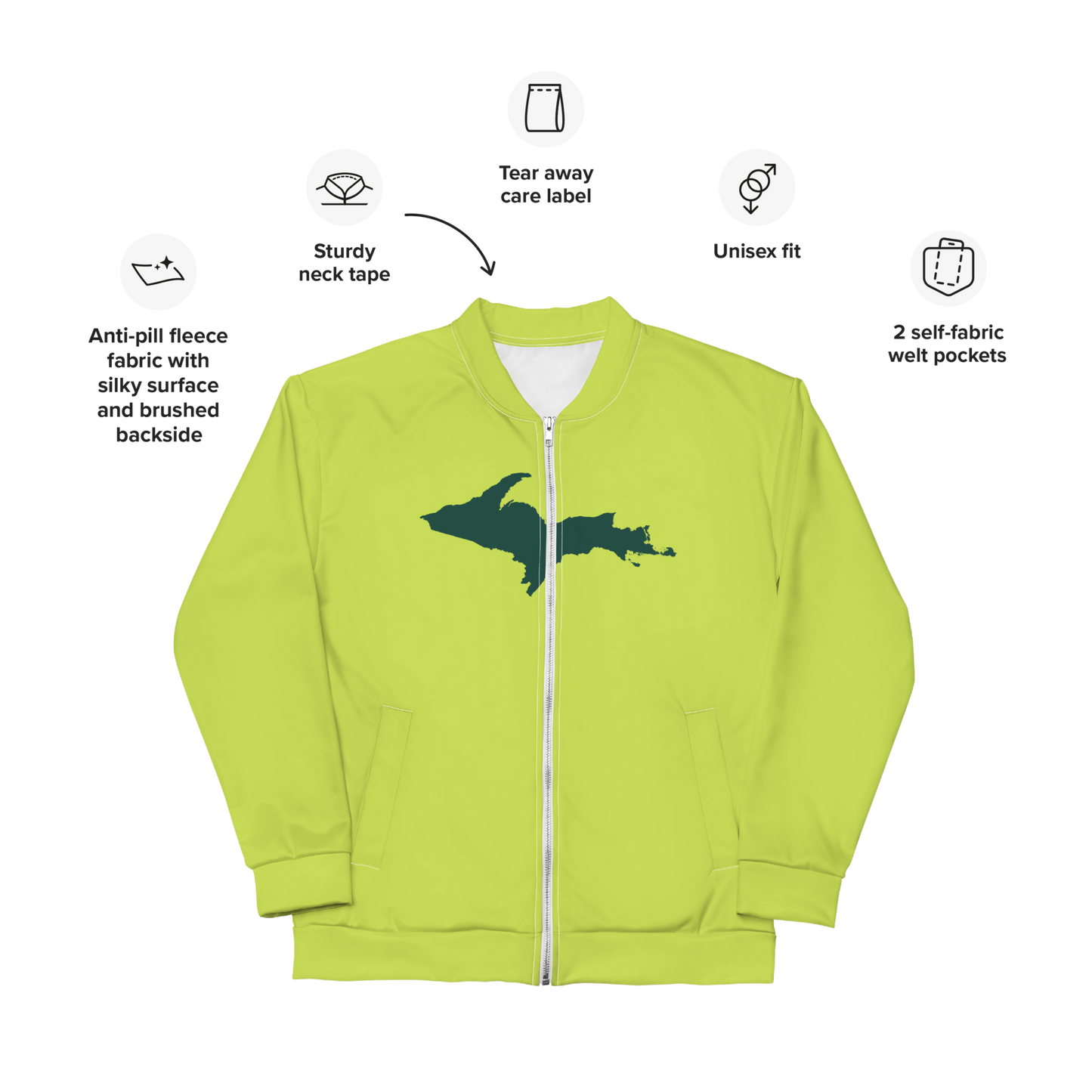 Michigan Upper Peninsula Bomber Jacket (w/ Large Green UP Outline) | Gooseberry Green