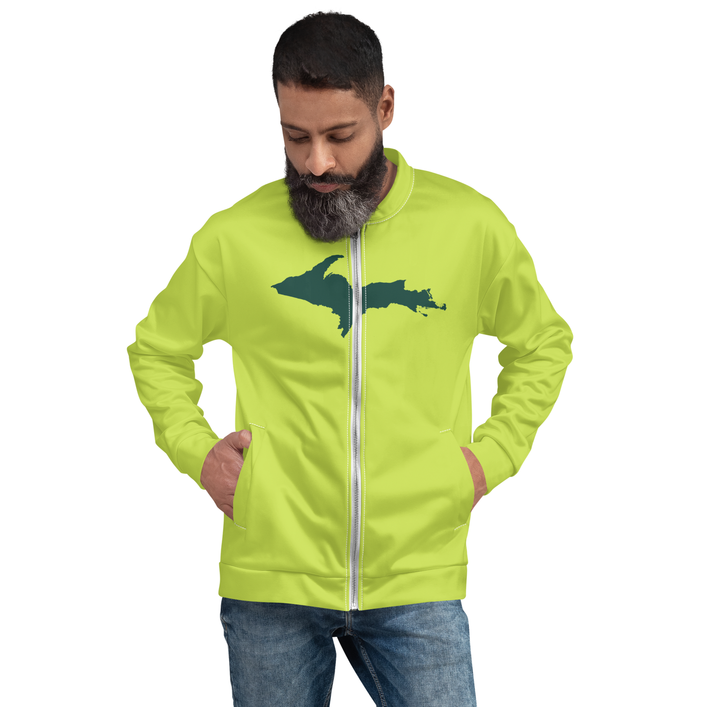 Michigan Upper Peninsula Bomber Jacket (w/ Large Green UP Outline) | Gooseberry Green