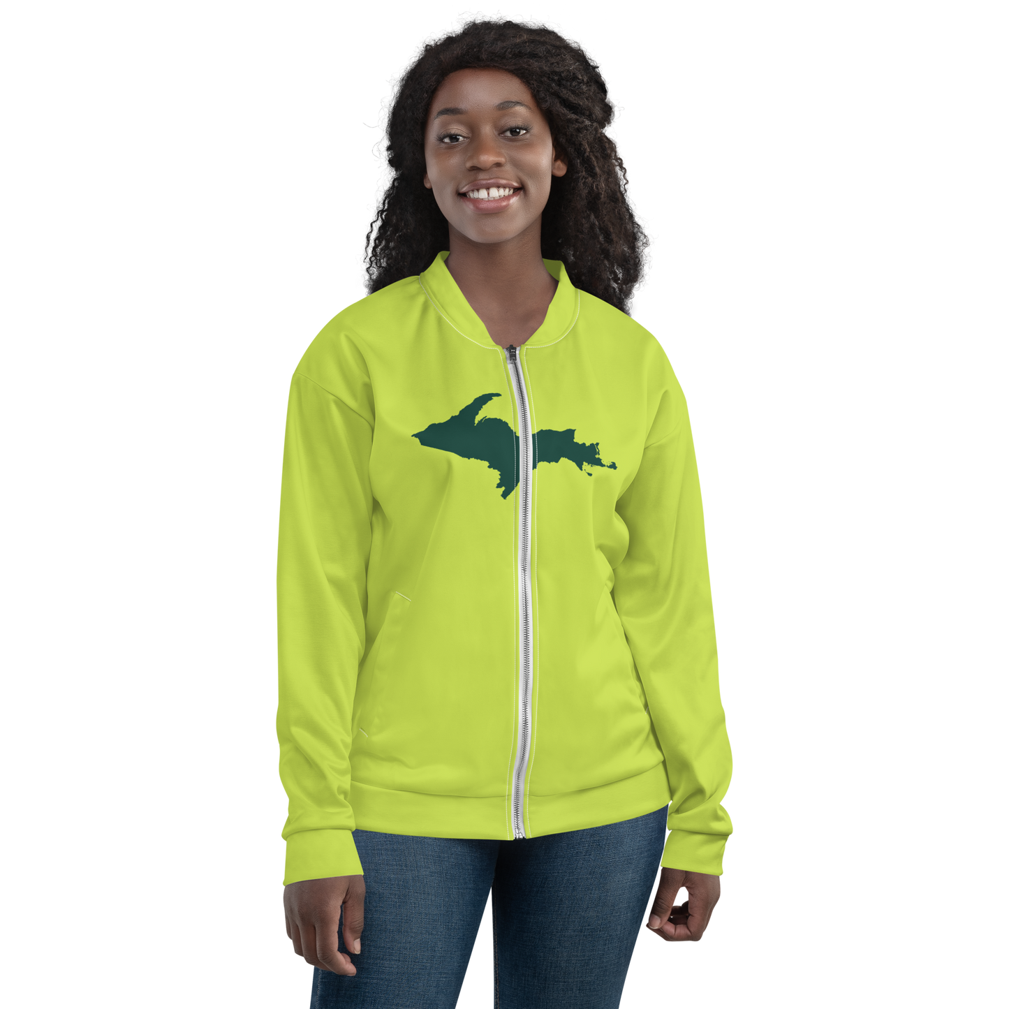 Michigan Upper Peninsula Bomber Jacket (w/ Large Green UP Outline) | Gooseberry Green