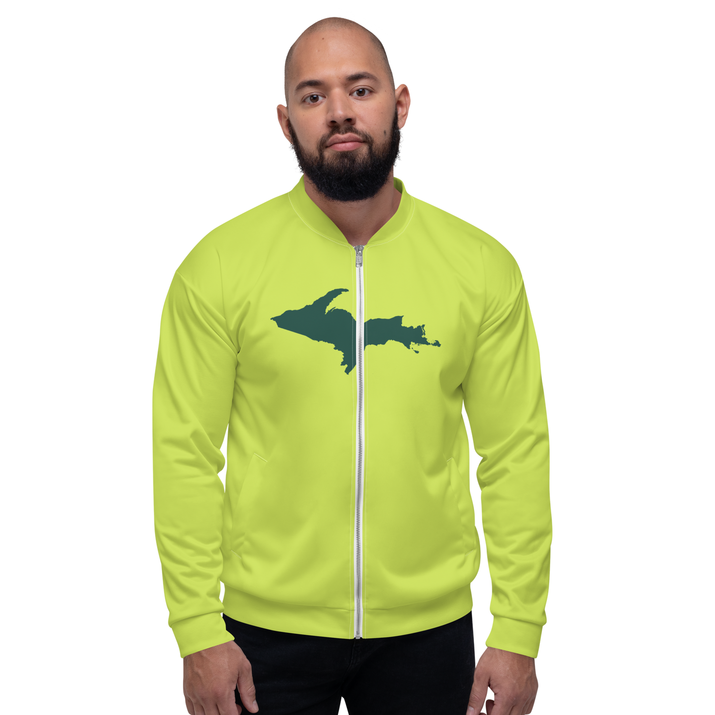 Michigan Upper Peninsula Bomber Jacket (w/ Large Green UP Outline) | Gooseberry Green