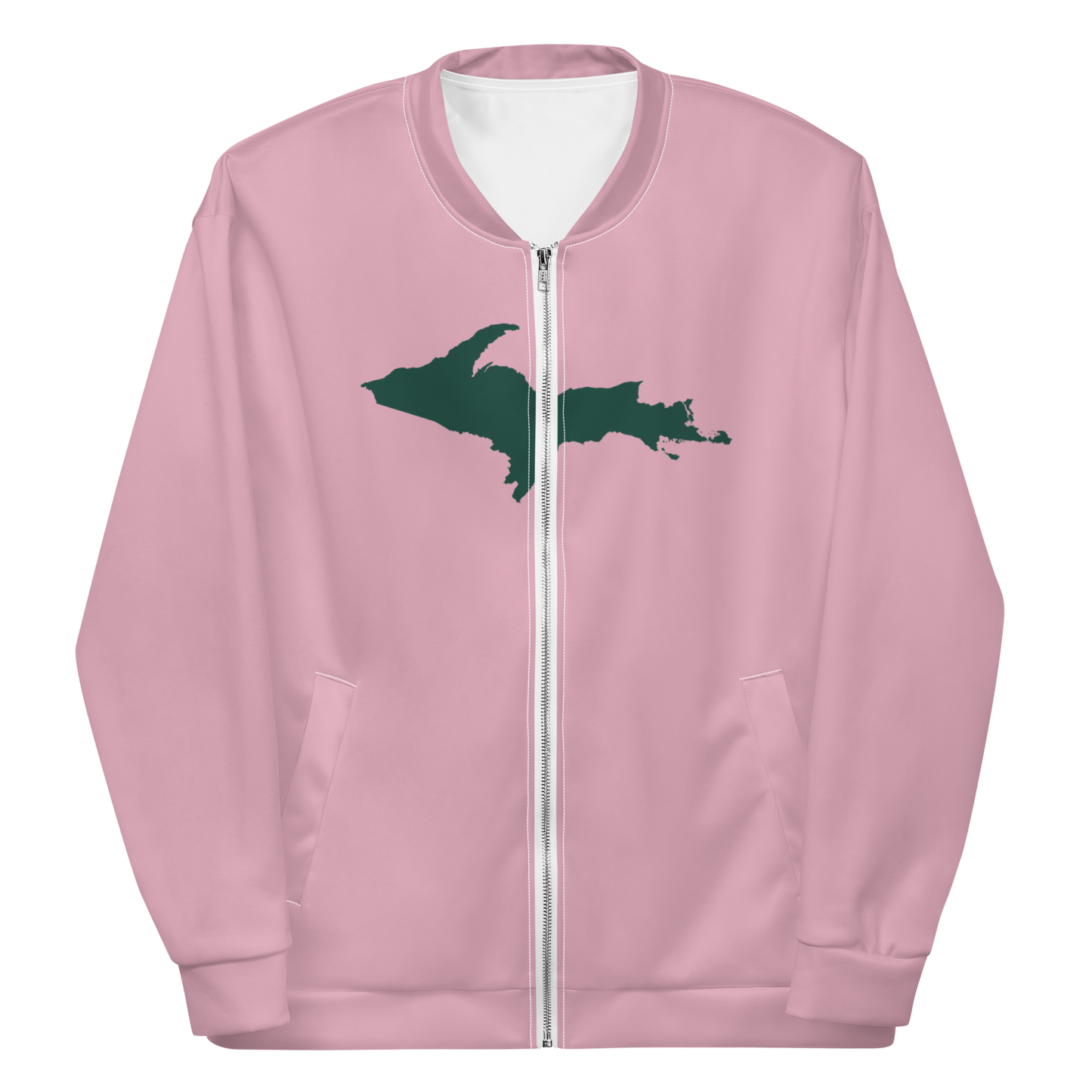 Michigan Upper Peninsula Bomber Jacket (w/ Large Green UP Outline) | Pink