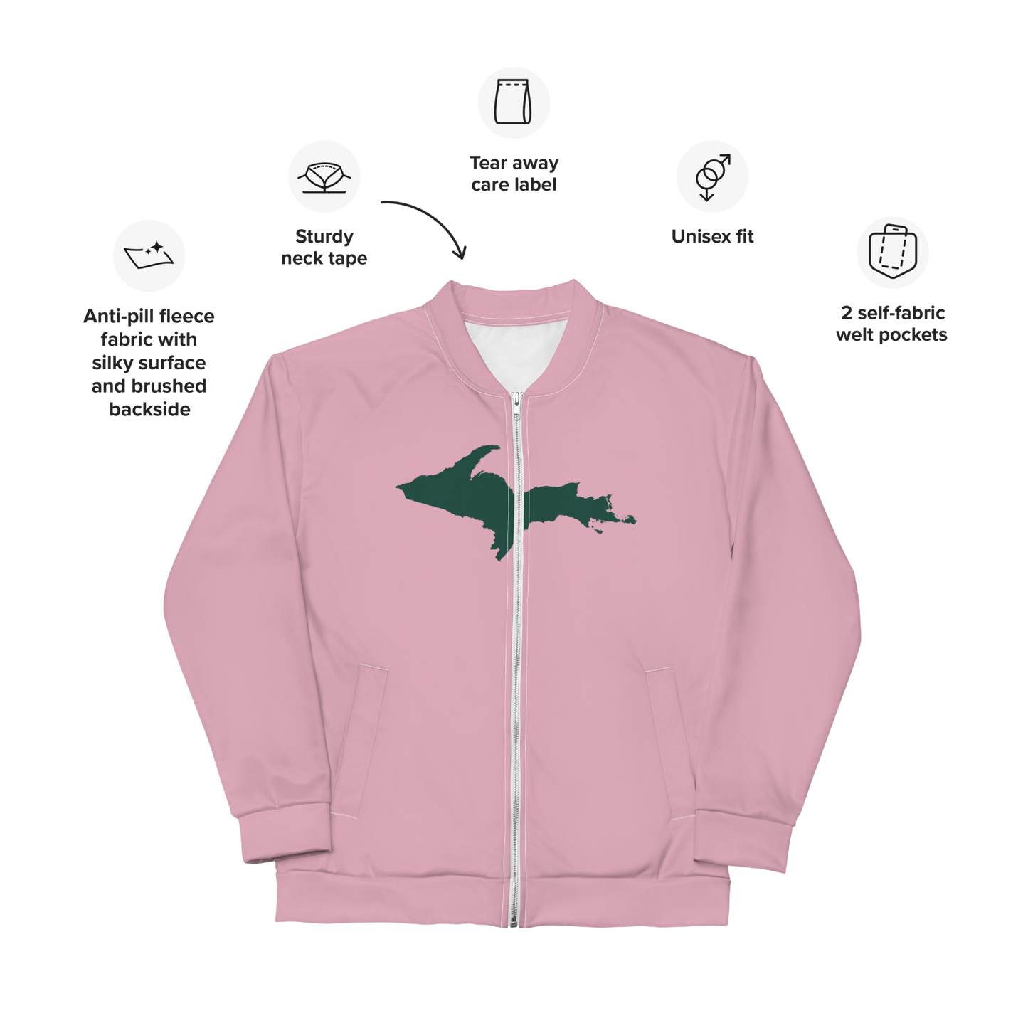 Michigan Upper Peninsula Bomber Jacket (w/ Large Green UP Outline) | Pink