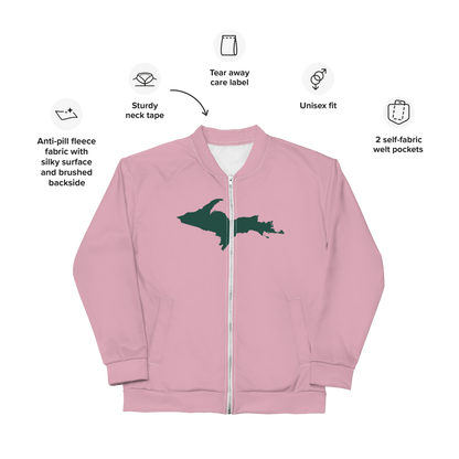 Michigan Upper Peninsula Bomber Jacket (w/ Large Green UP Outline) | Pink