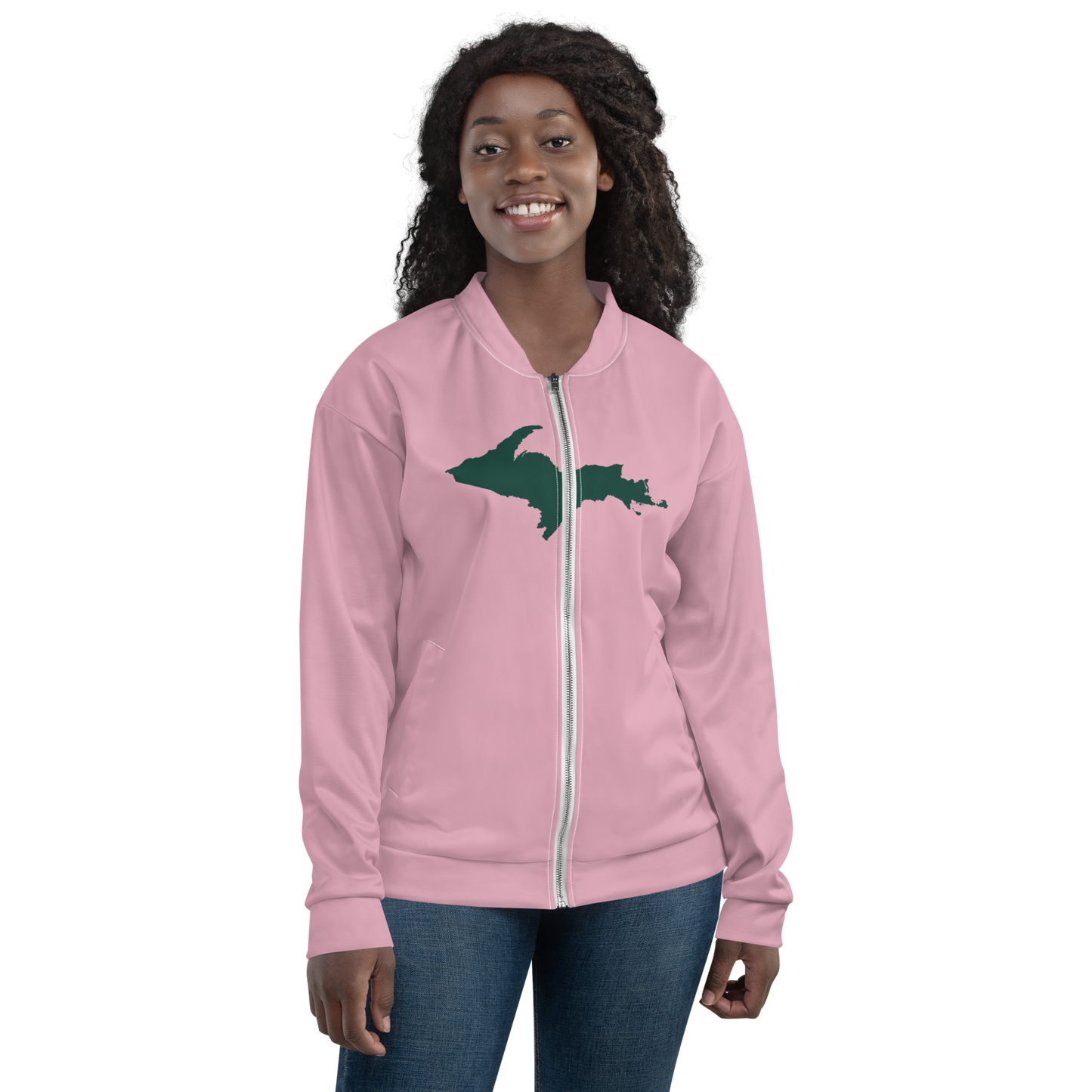 Michigan Upper Peninsula Bomber Jacket (w/ Large Green UP Outline) | Pink