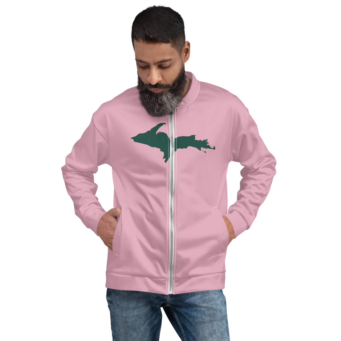 Michigan Upper Peninsula Bomber Jacket (w/ Large Green UP Outline) | Pink