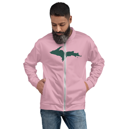 Michigan Upper Peninsula Bomber Jacket (w/ Large Green UP Outline) | Pink