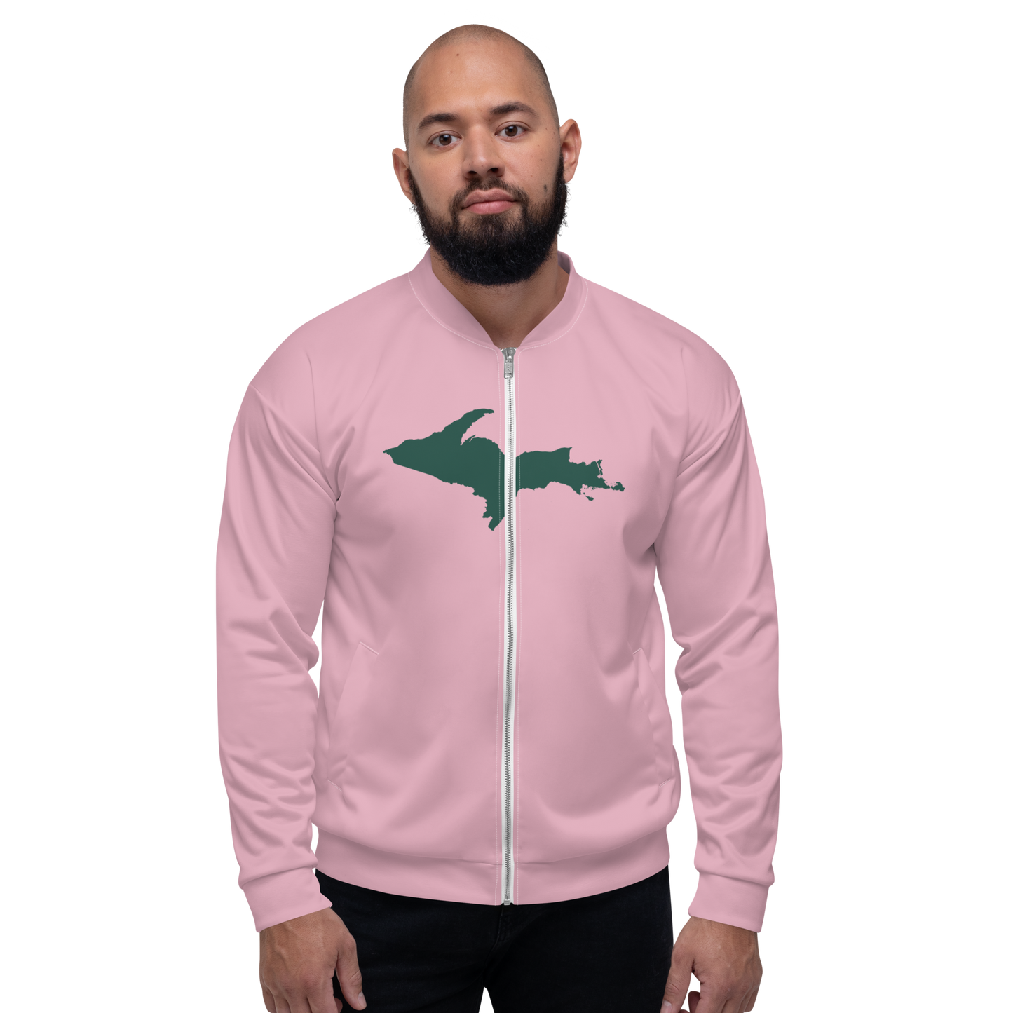 Michigan Upper Peninsula Bomber Jacket (w/ Large Green UP Outline) | Pink