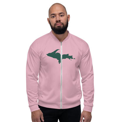 Michigan Upper Peninsula Bomber Jacket (w/ Large Green UP Outline) | Pink