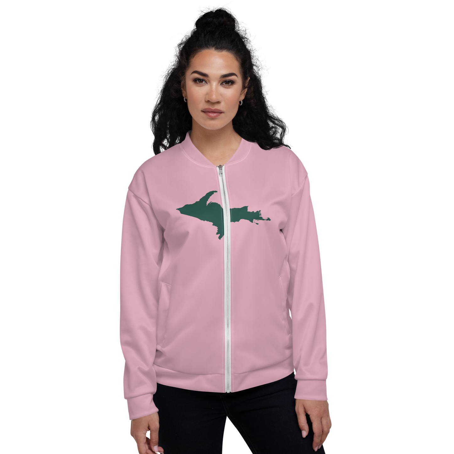 Michigan Upper Peninsula Bomber Jacket (w/ Large Green UP Outline) | Pink