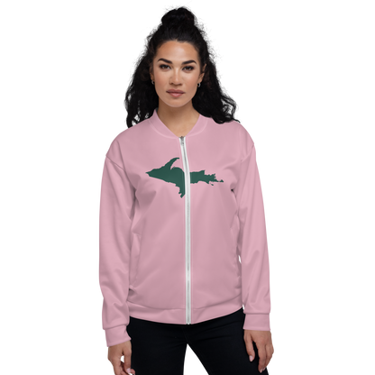 Michigan Upper Peninsula Bomber Jacket (w/ Large Green UP Outline) | Pink