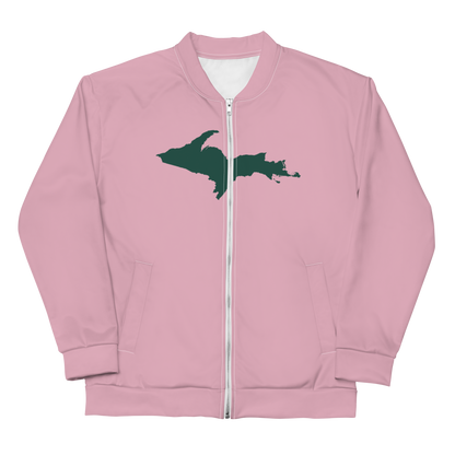 Michigan Upper Peninsula Bomber Jacket (w/ Large Green UP Outline) | Pink