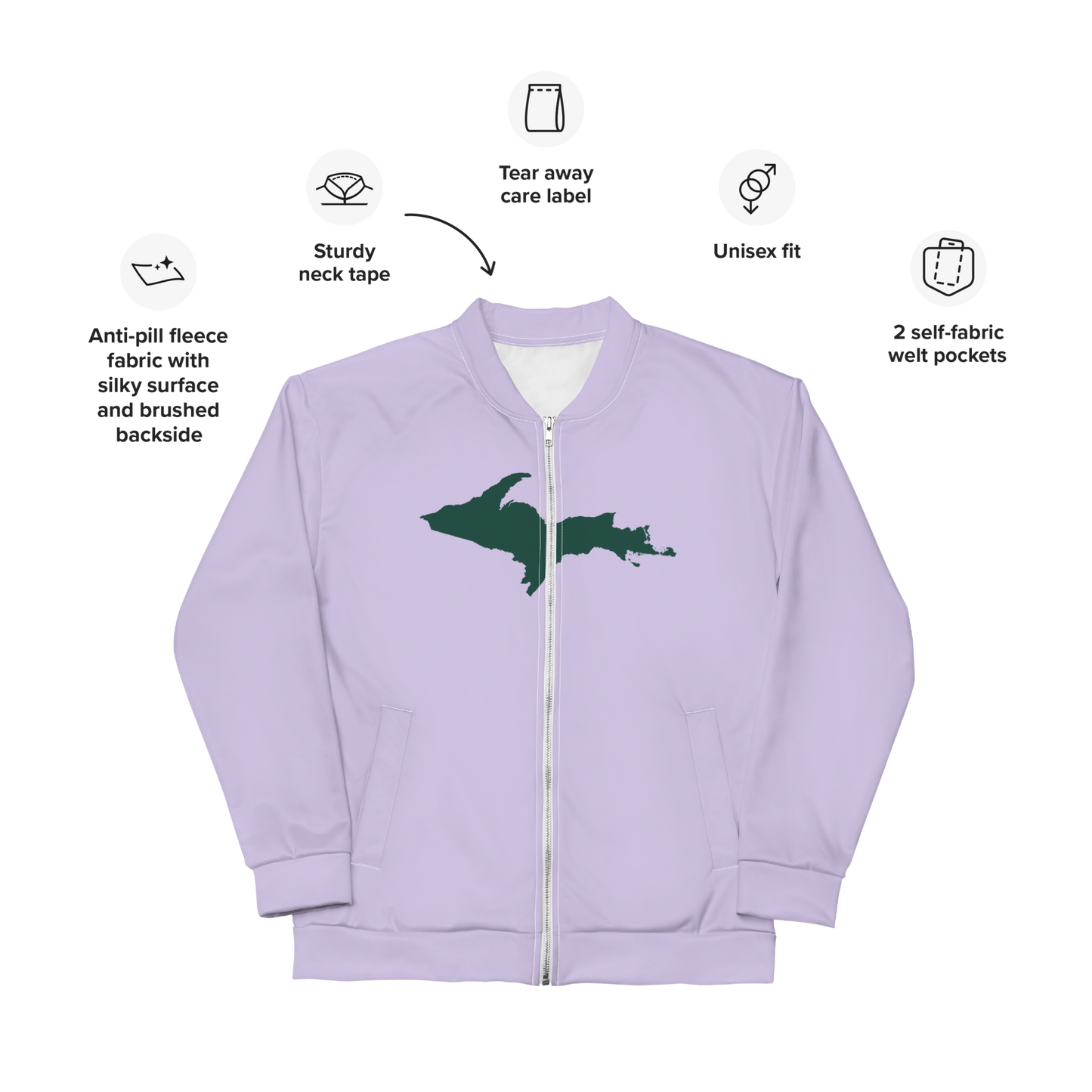 Michigan Upper Peninsula Bomber Jacket (w/ Large Green UP Outline) | Lavender