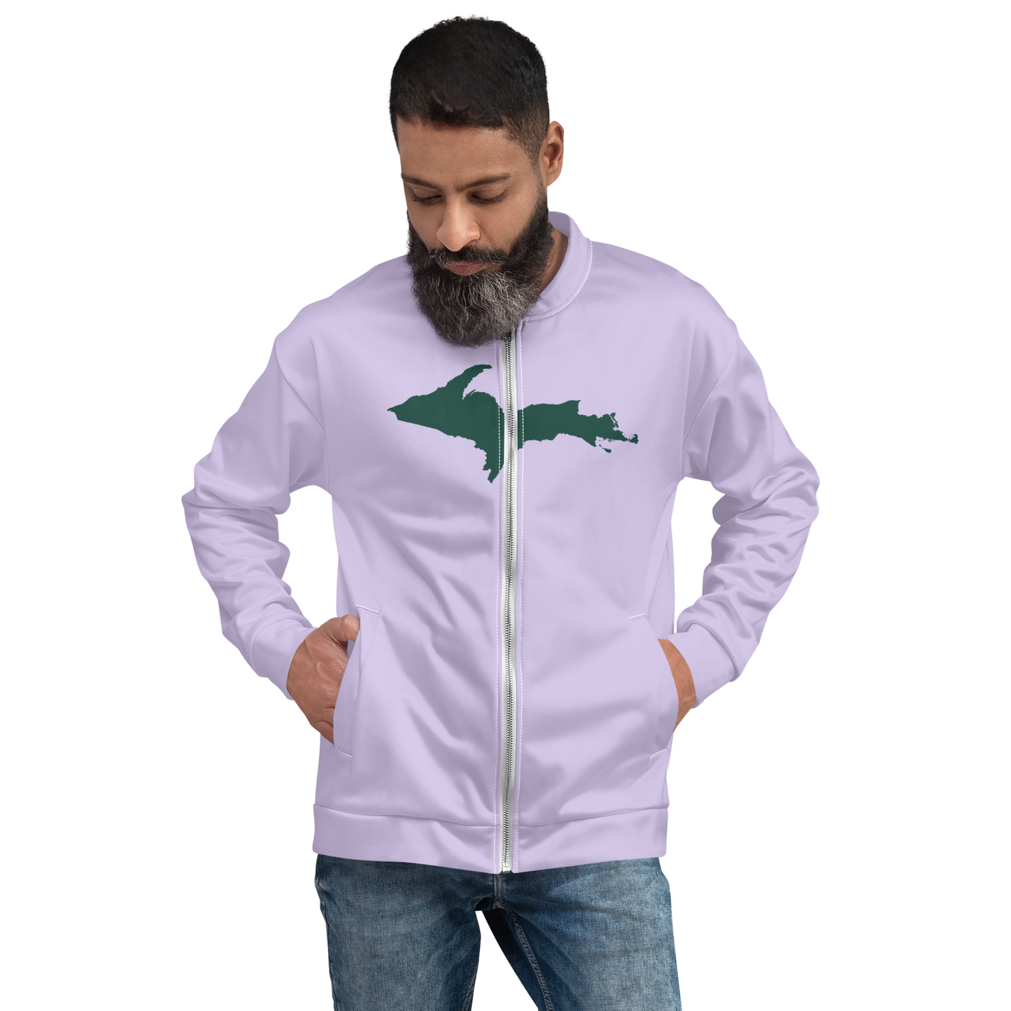 Michigan Upper Peninsula Bomber Jacket (w/ Large Green UP Outline) | Lavender