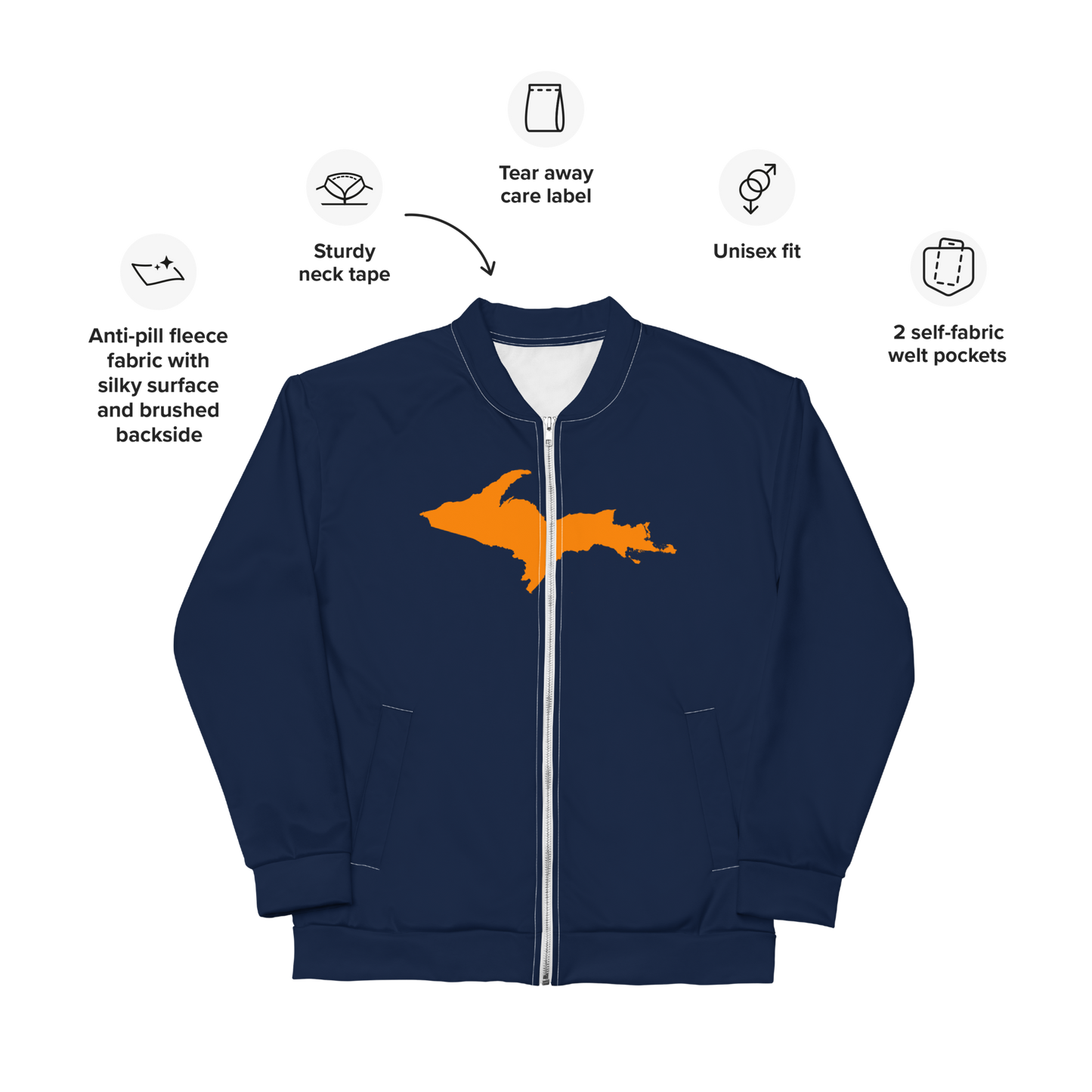 Michigan Upper Peninsula Bomber Jacket (w/ Large Orange UP Outline) | Navy