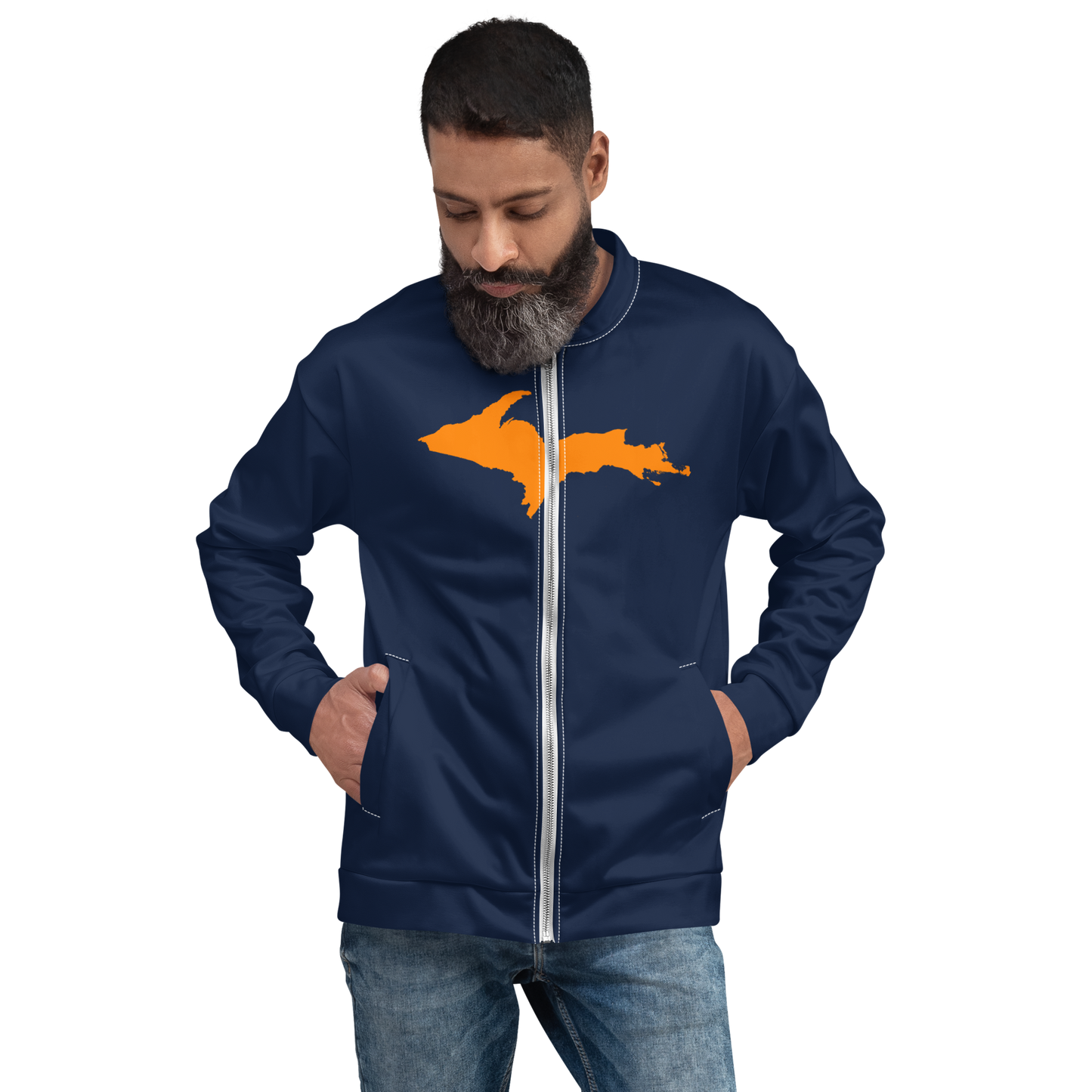 Michigan Upper Peninsula Bomber Jacket (w/ Large Orange UP Outline) | Navy