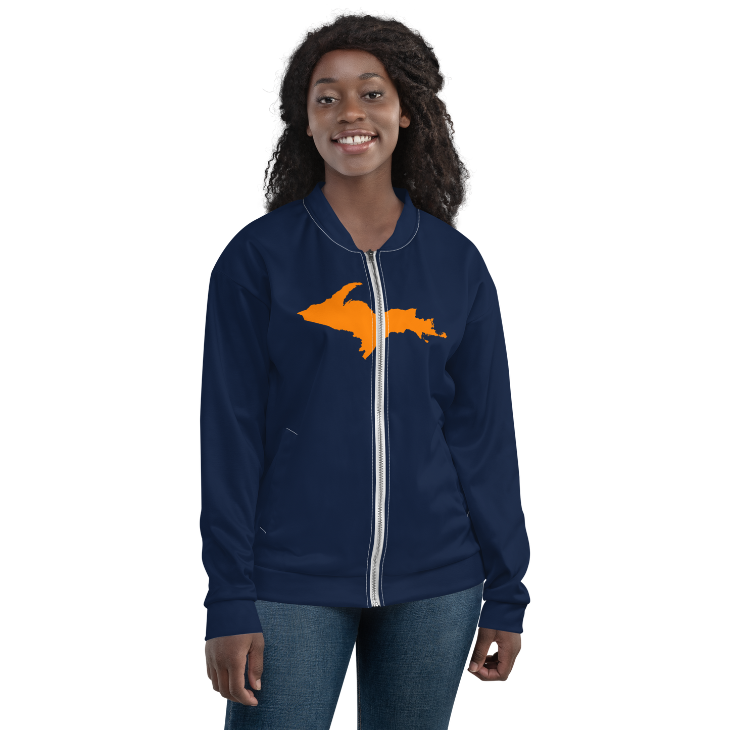 Michigan Upper Peninsula Bomber Jacket (w/ Large Orange UP Outline) | Navy