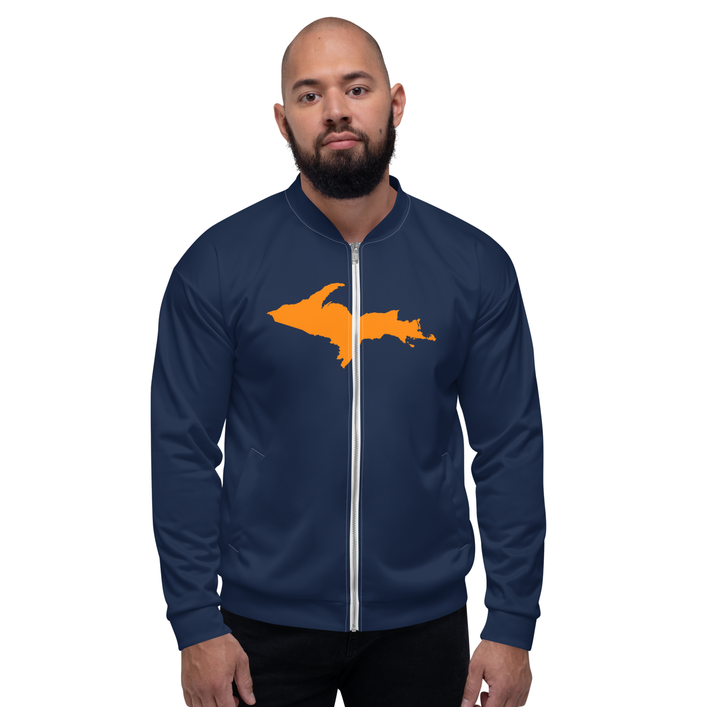 Michigan Upper Peninsula Bomber Jacket (w/ Large Orange UP Outline) | Navy