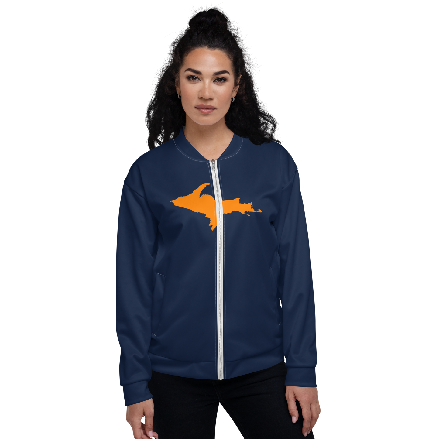 Michigan Upper Peninsula Bomber Jacket (w/ Large Orange UP Outline) | Navy