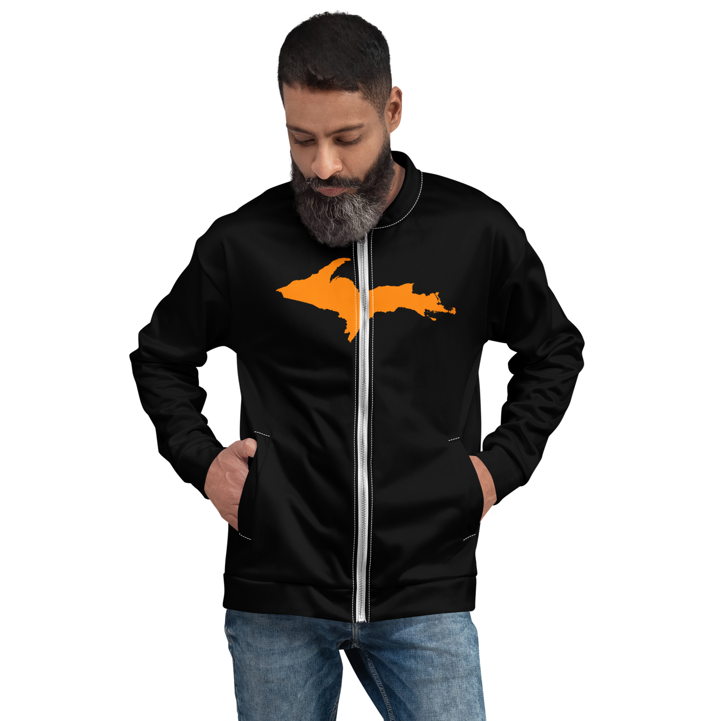 Michigan Upper Peninsula Bomber Jacket (w/ Large Orange UP Outline) | Black