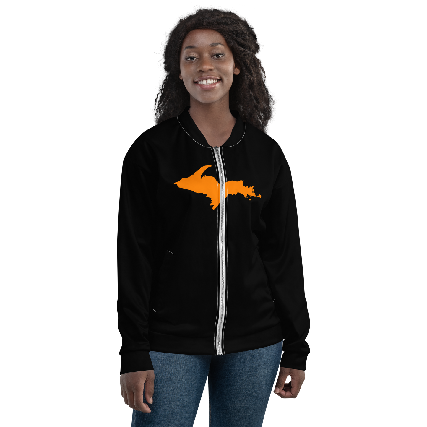 Michigan Upper Peninsula Bomber Jacket (w/ Large Orange UP Outline) | Black