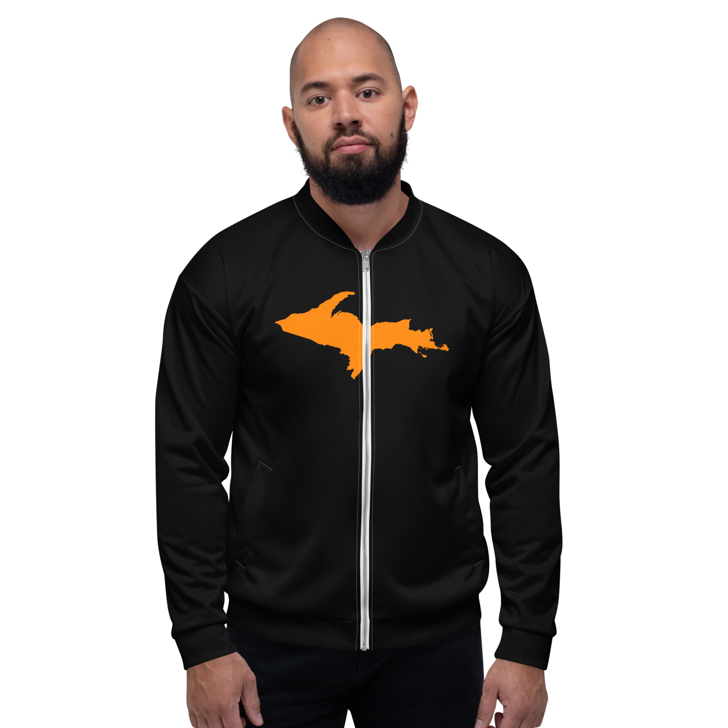 Michigan Upper Peninsula Bomber Jacket (w/ Large Orange UP Outline) | Black