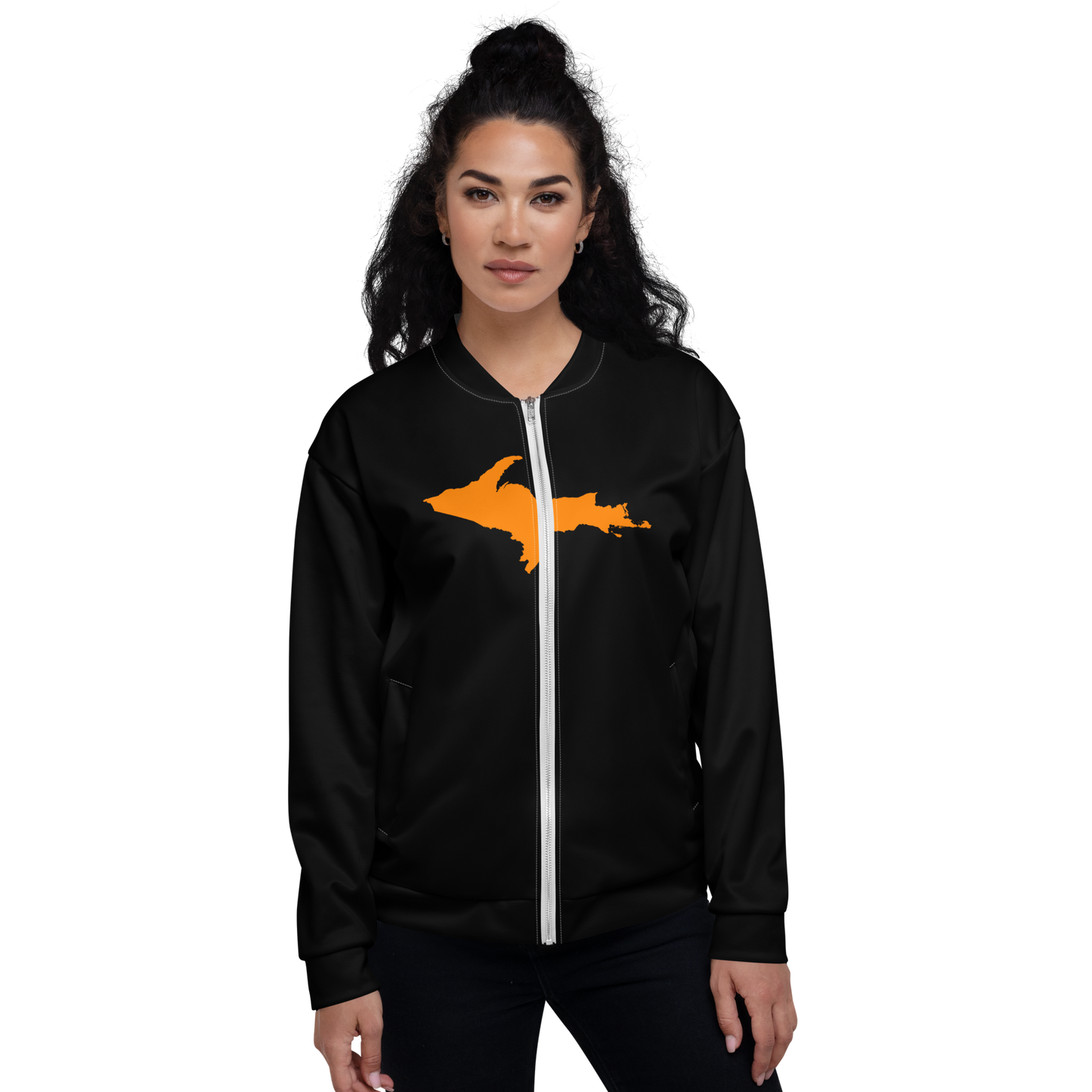 Michigan Upper Peninsula Bomber Jacket (w/ Large Orange UP Outline) | Black