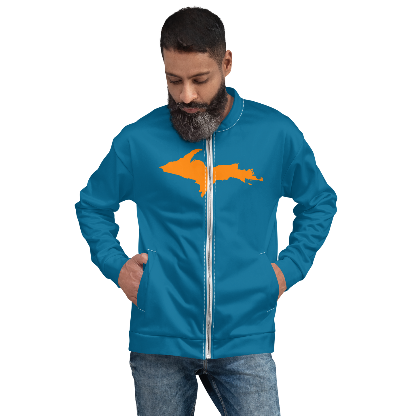 Michigan Upper Peninsula Bomber Jacket (w/ Large Orange UP Outline) | Cerulean