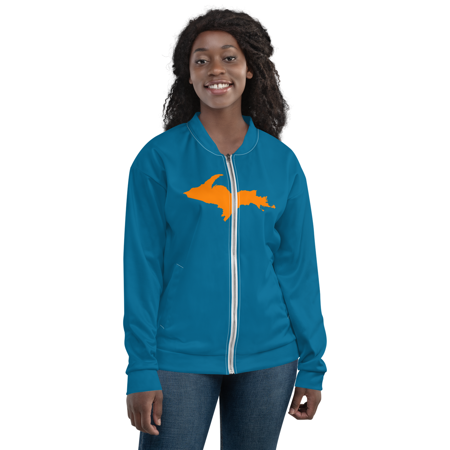 Michigan Upper Peninsula Bomber Jacket (w/ Large Orange UP Outline) | Cerulean