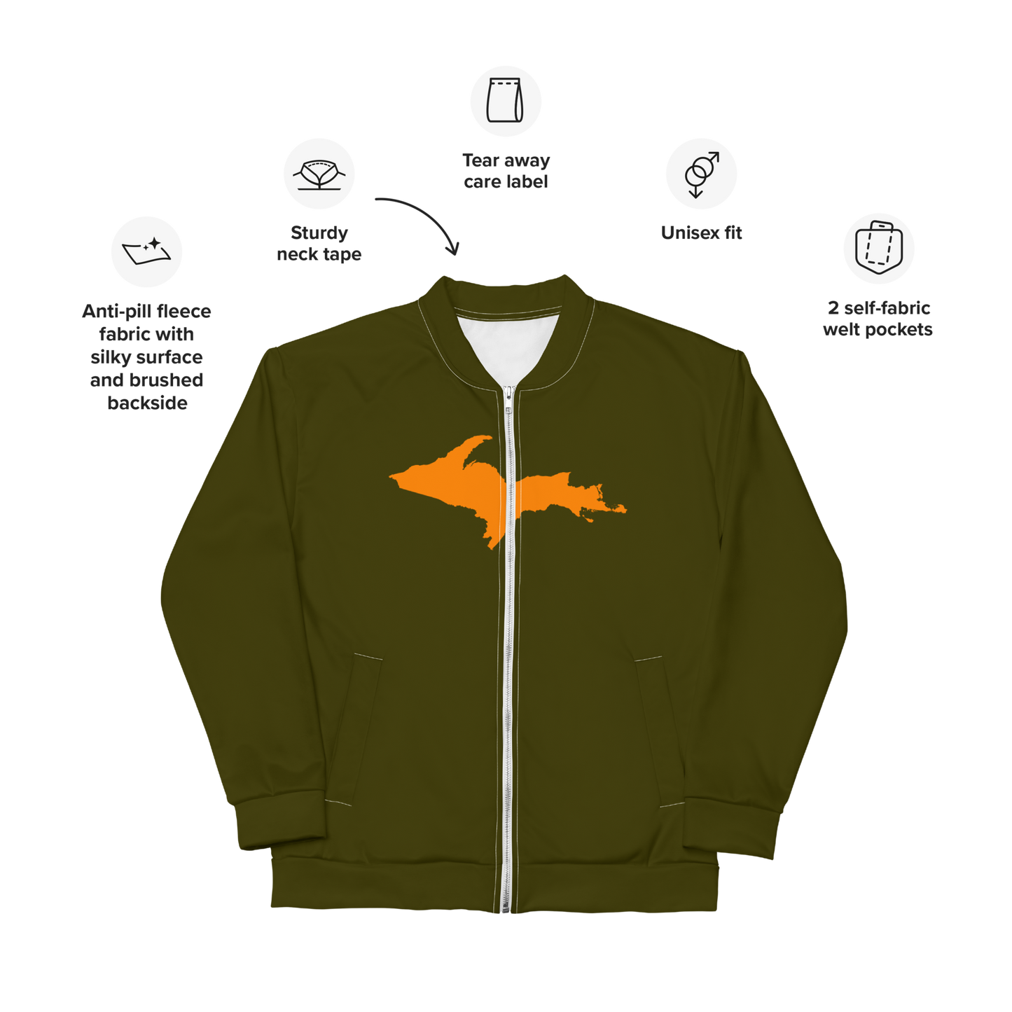 Michigan Upper Peninsula Bomber Jacket (w/ Large Orange UP Outline) | Military Green