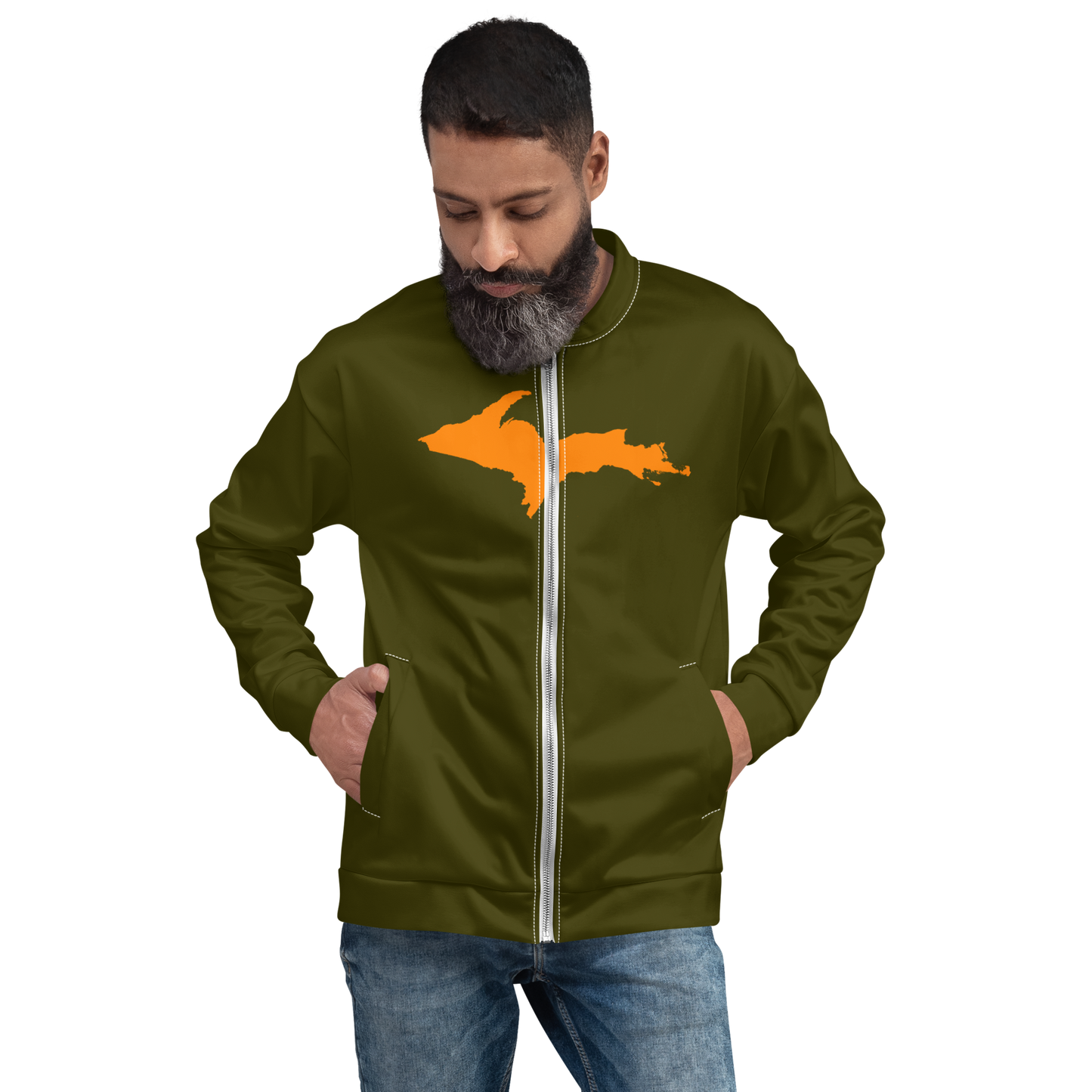 Michigan Upper Peninsula Bomber Jacket (w/ Large Orange UP Outline) | Military Green