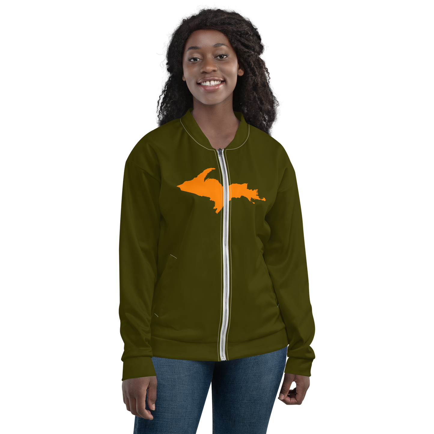 Michigan Upper Peninsula Bomber Jacket (w/ Large Orange UP Outline) | Military Green