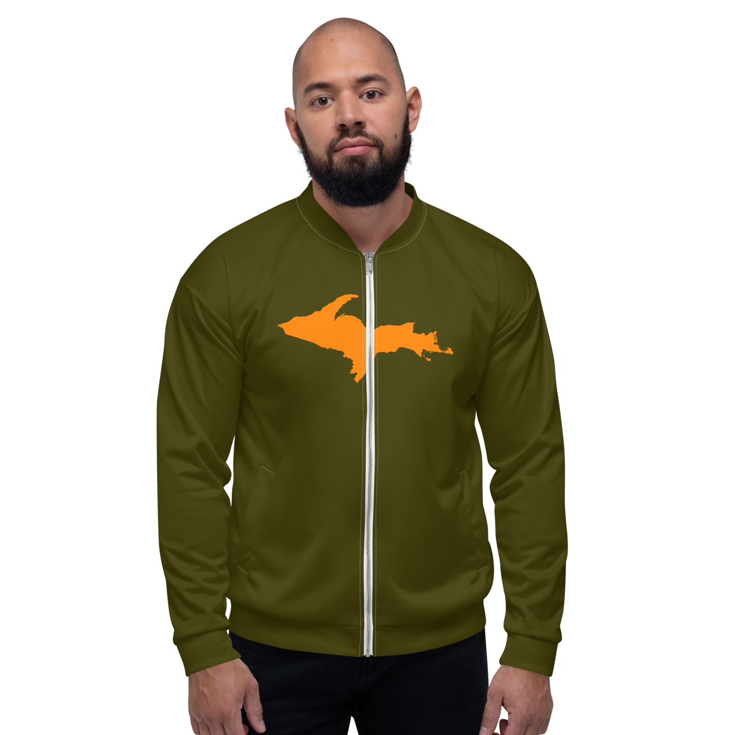 Michigan Upper Peninsula Bomber Jacket (w/ Large Orange UP Outline) | Military Green