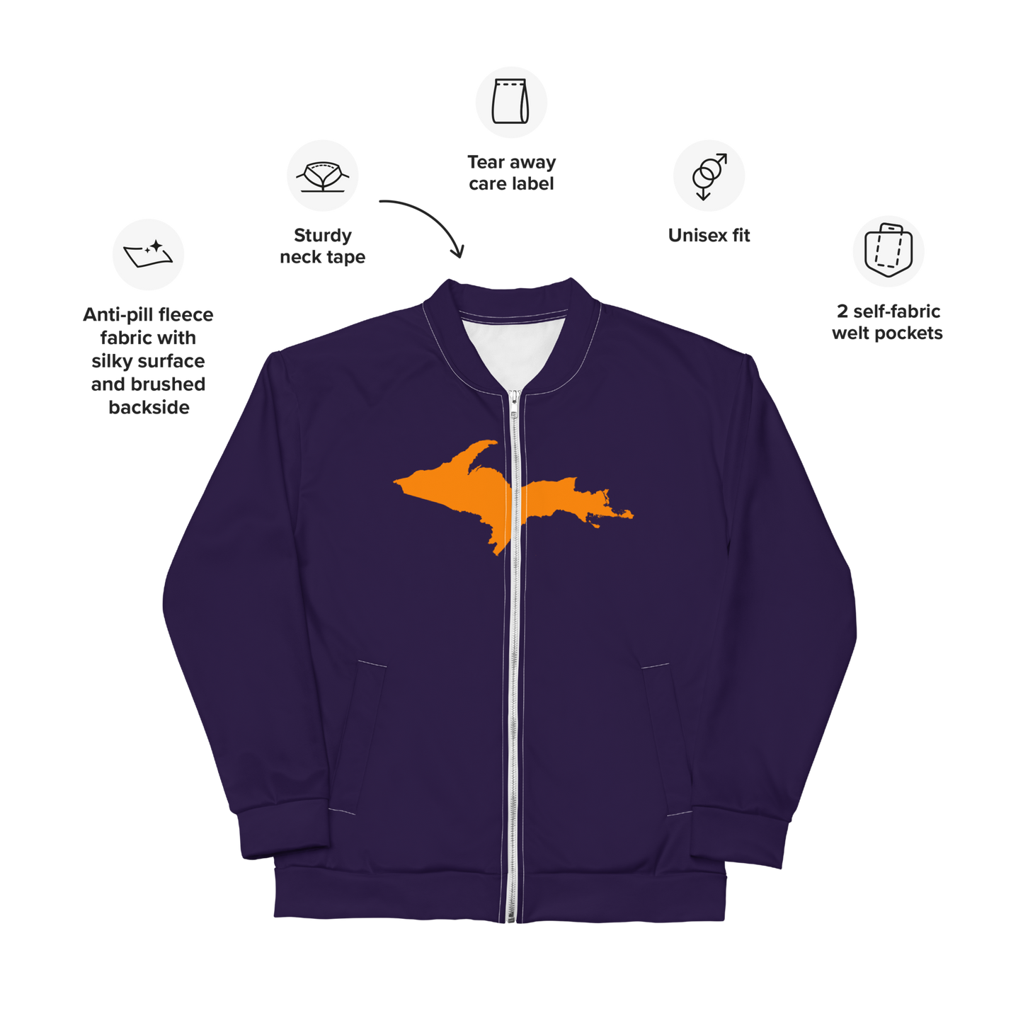 Michigan Upper Peninsula Bomber Jacket (w/ Large Orange UP Outline) | Blackcurrant Color