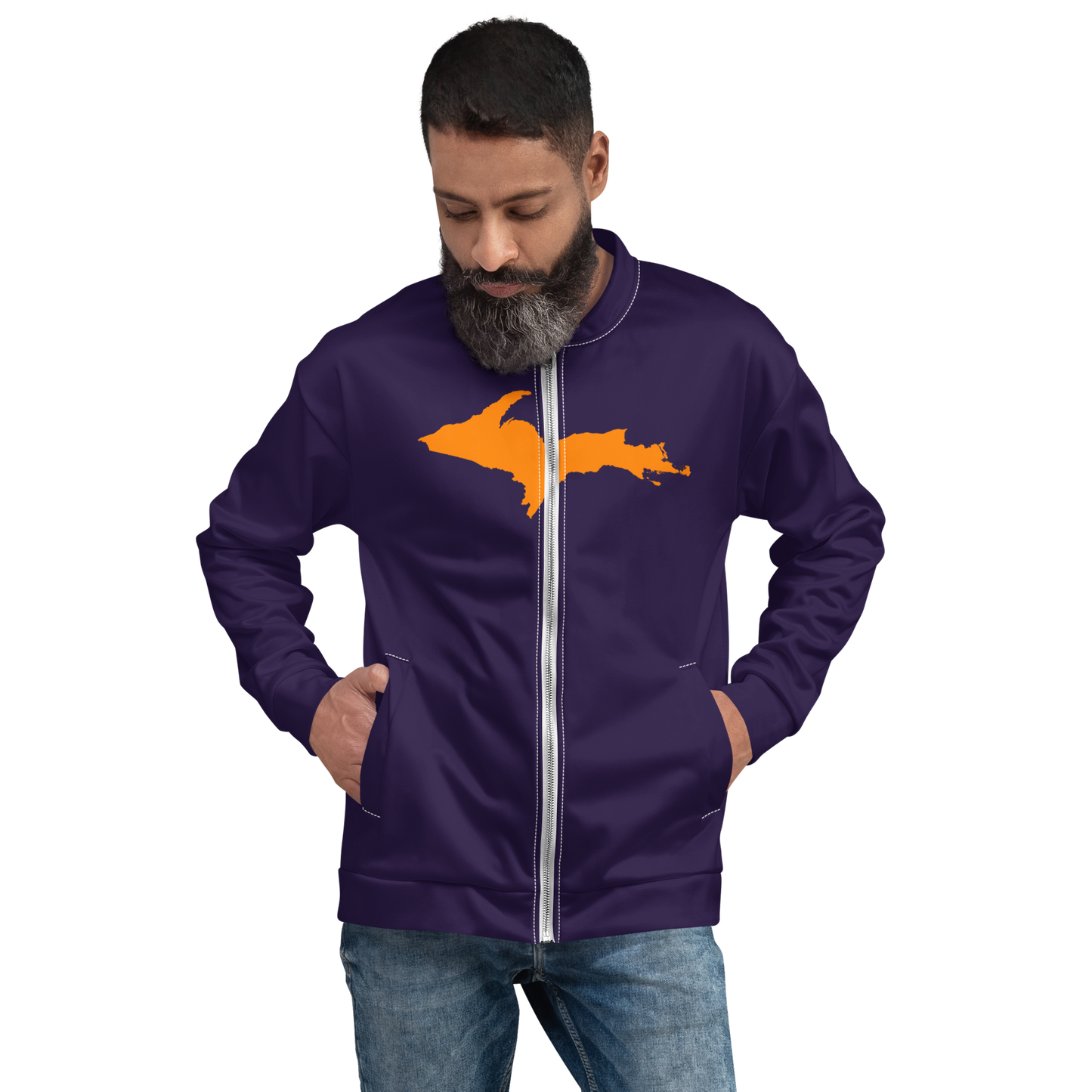 Michigan Upper Peninsula Bomber Jacket (w/ Large Orange UP Outline) | Blackcurrant Color