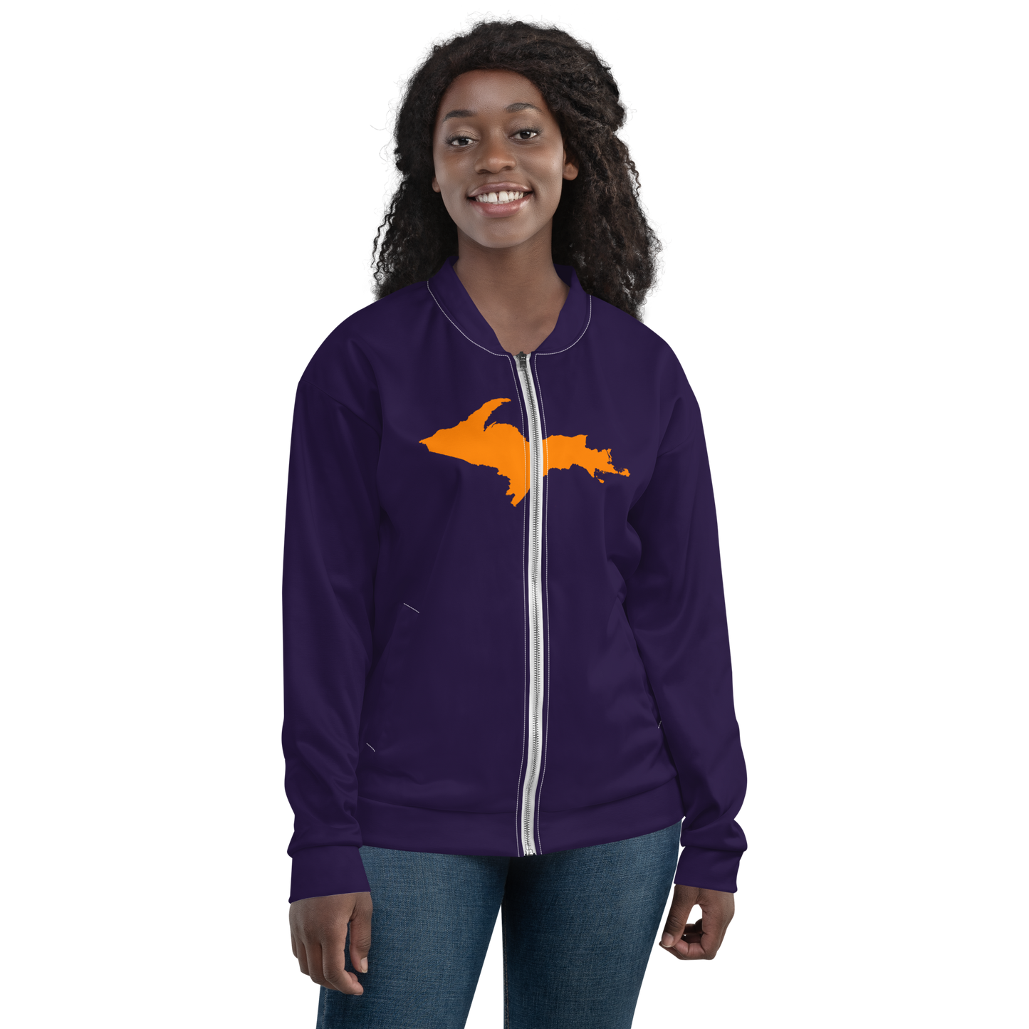 Michigan Upper Peninsula Bomber Jacket (w/ Large Orange UP Outline) | Blackcurrant Color