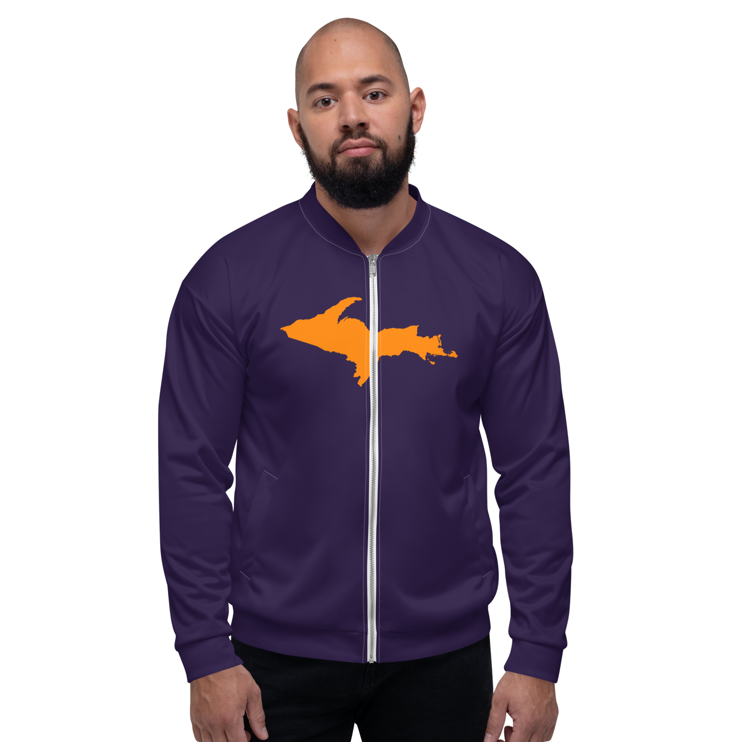 Michigan Upper Peninsula Bomber Jacket (w/ Large Orange UP Outline) | Blackcurrant Color