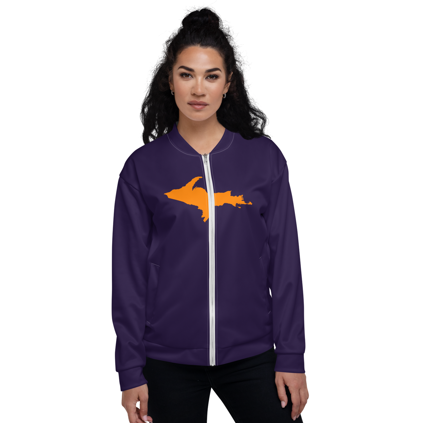 Michigan Upper Peninsula Bomber Jacket (w/ Large Orange UP Outline) | Blackcurrant Color