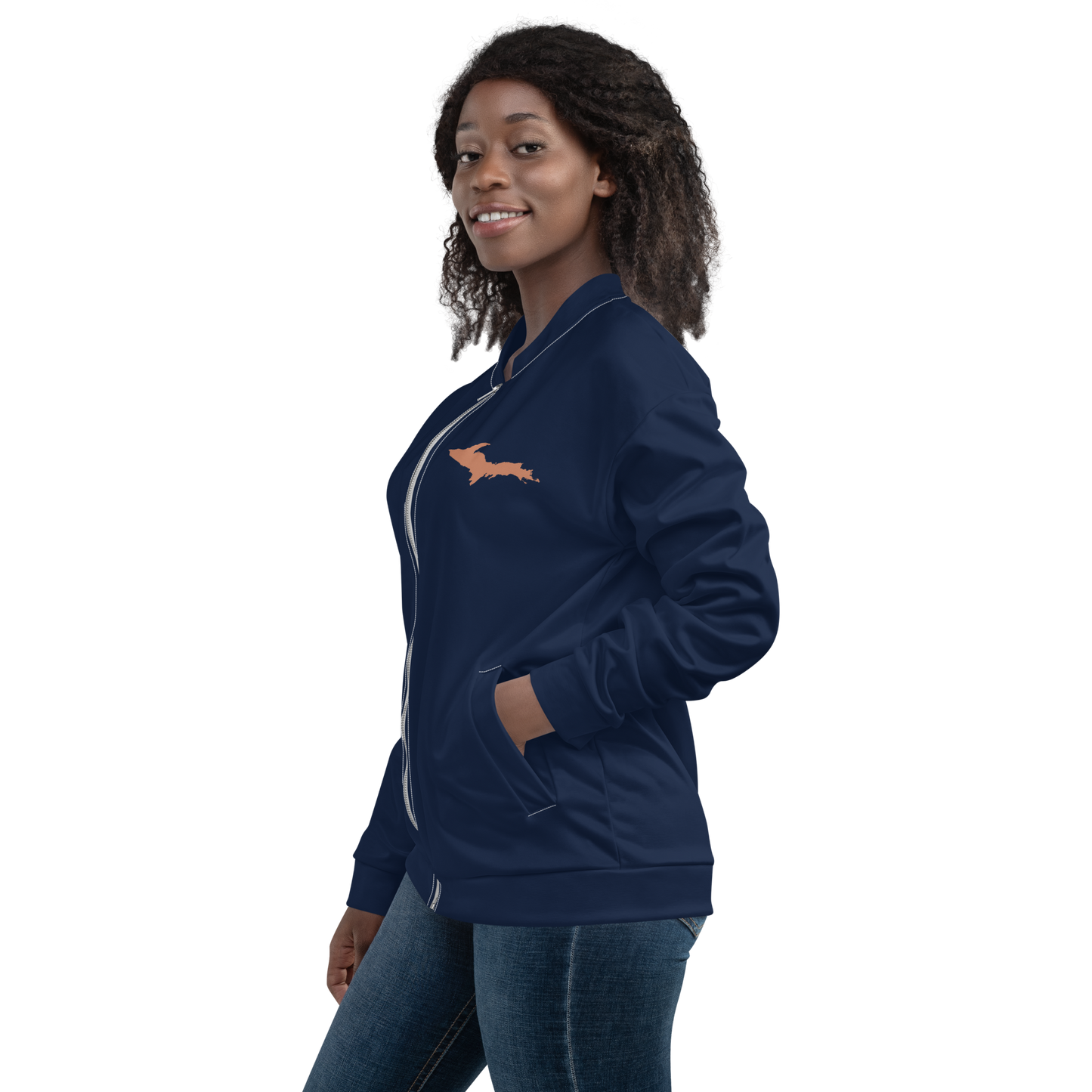 Michigan Upper Peninsula Bomber Jacket (Navy w/ Copper UP Outline)