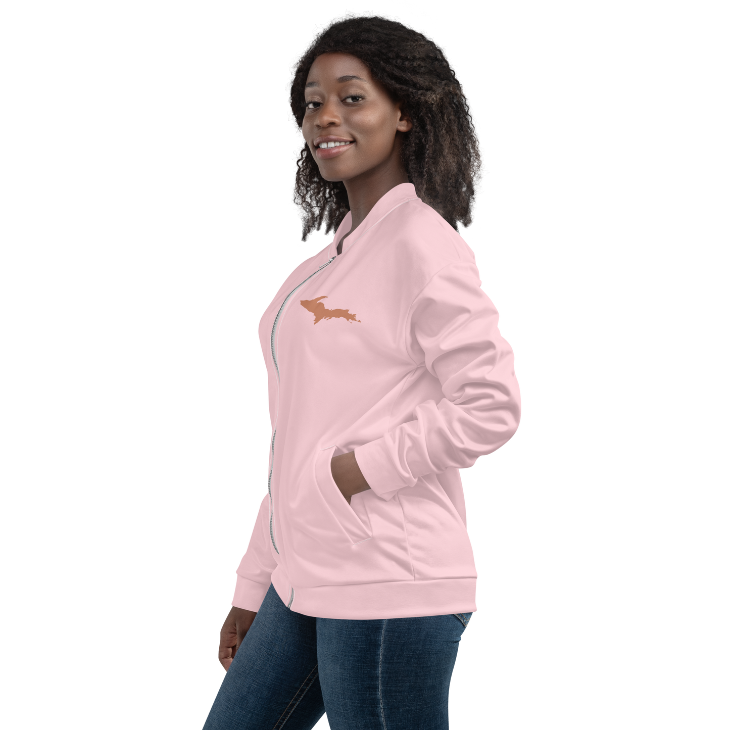 Michigan Upper Peninsula Bomber Jacket (w/ Copper UP Outline) | Pale Pink